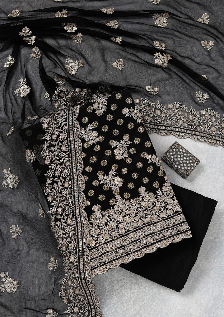 Black Zariwork (Gold) Chinon Unstitched Salwar Suit_koskii