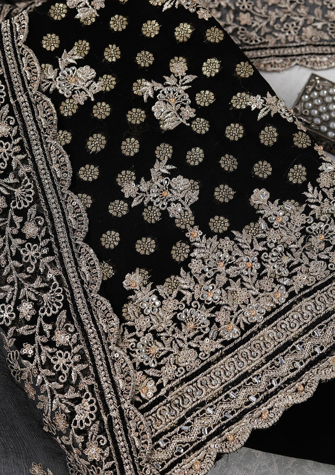 Black Zariwork (Gold) Chinon Unstitched Salwar Suit_koskii