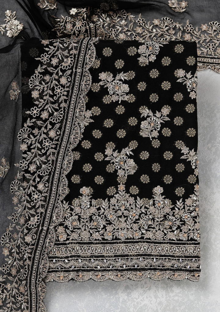 Black Zariwork (Gold) Chinon Unstitched Salwar Suit_koskii