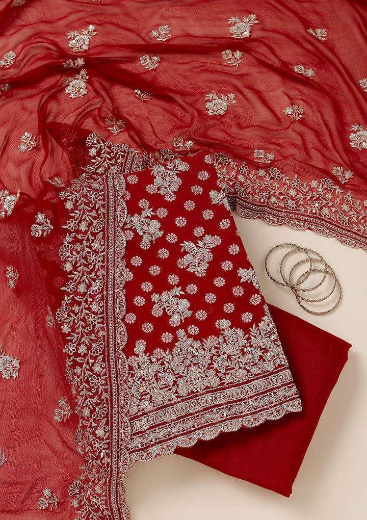 Maroon Zariwork (Gold) Chinon Unstitched Salwar Suit_koskii