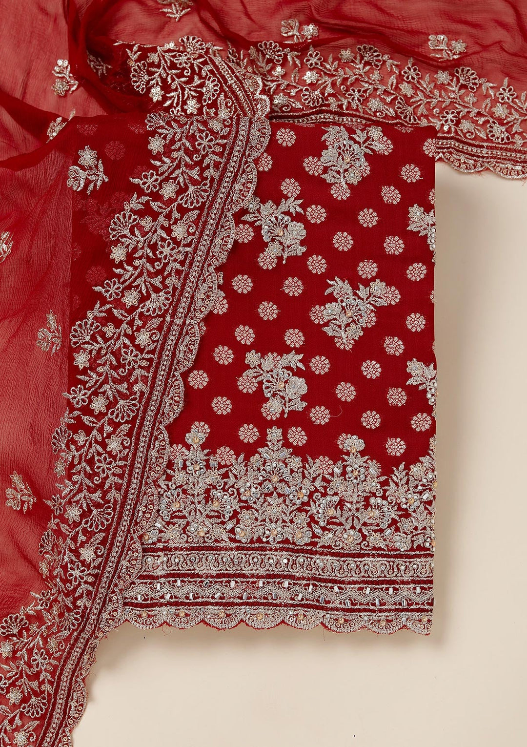 Maroon Zariwork (Gold) Chinon Unstitched Salwar Suit_koskii