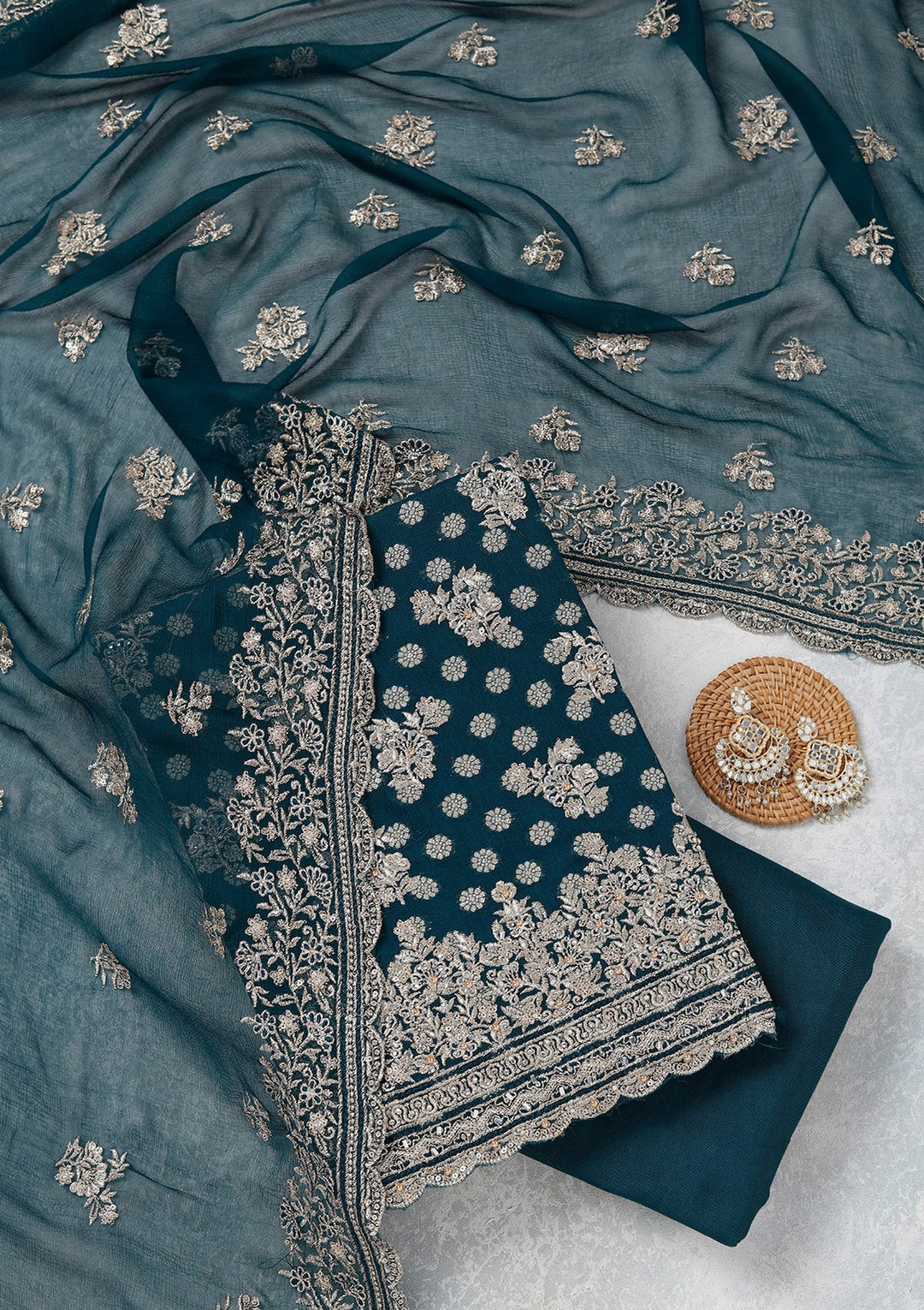 Peacock Blue Zariwork (Gold) Chinon Unstitched Salwar Suit_koskii