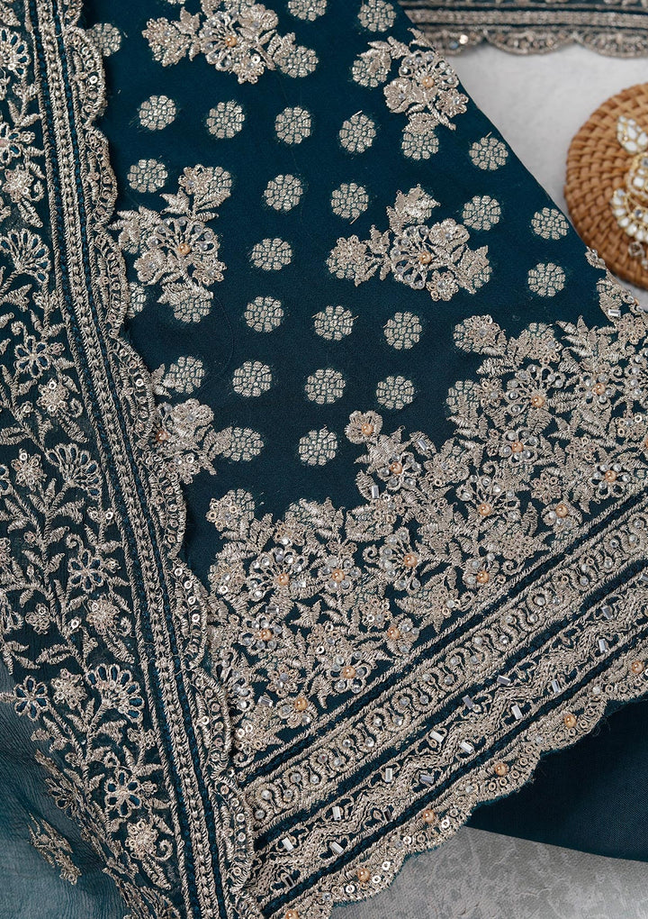 Peacock Blue Zariwork (Gold) Chinon Unstitched Salwar Suit_koskii