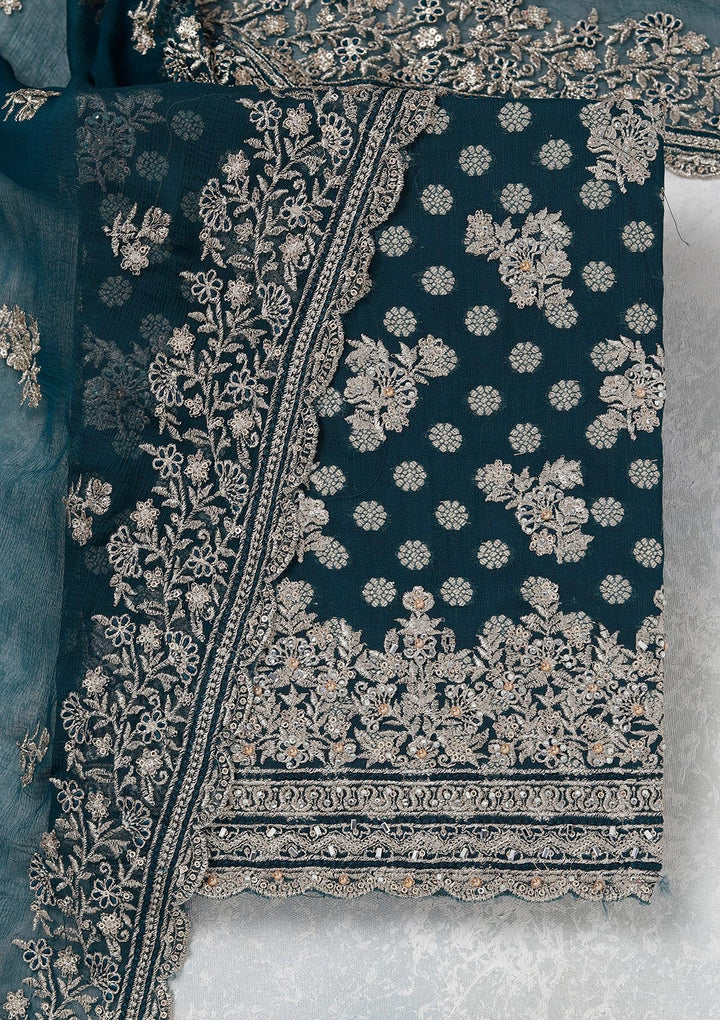 Peacock Blue Zariwork (Gold) Chinon Unstitched Salwar Suit_koskii