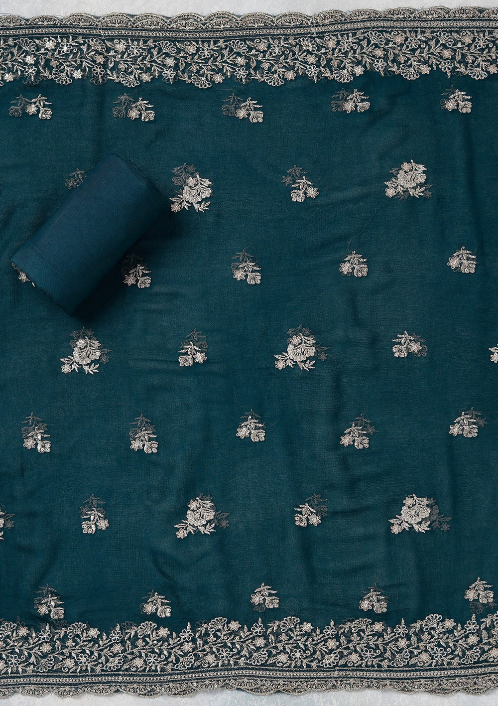 Peacock Blue Zariwork (Gold) Chinon Unstitched Salwar Suit_koskii