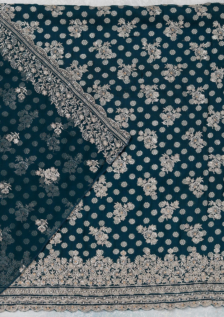 Peacock Blue Zariwork (Gold) Chinon Unstitched Salwar Suit_koskii