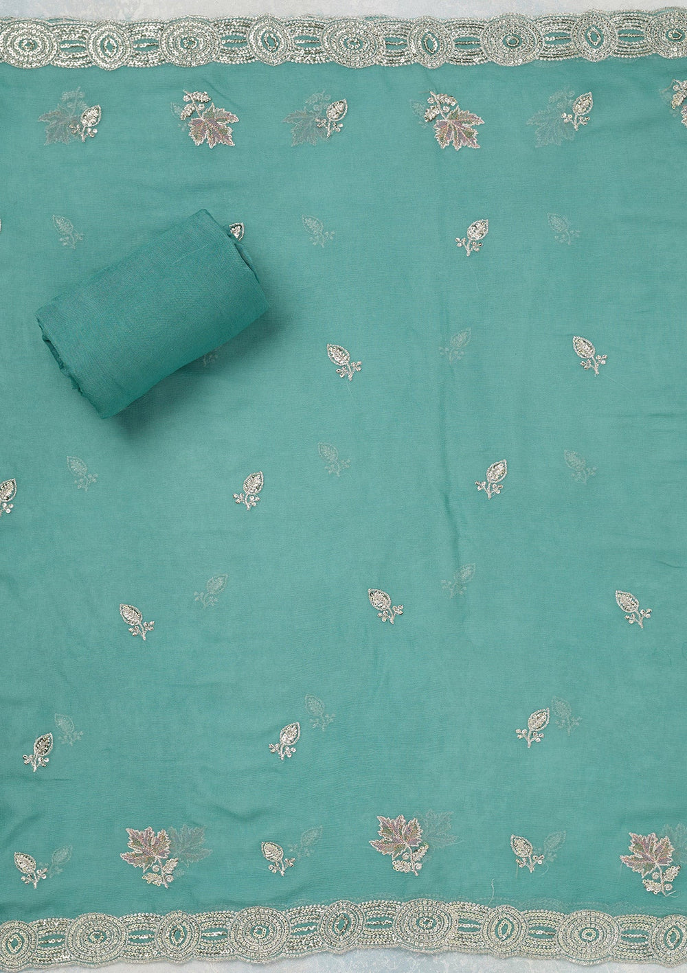 Blue Mirrorwork Organza Unstitched Salwar Suit_koskii