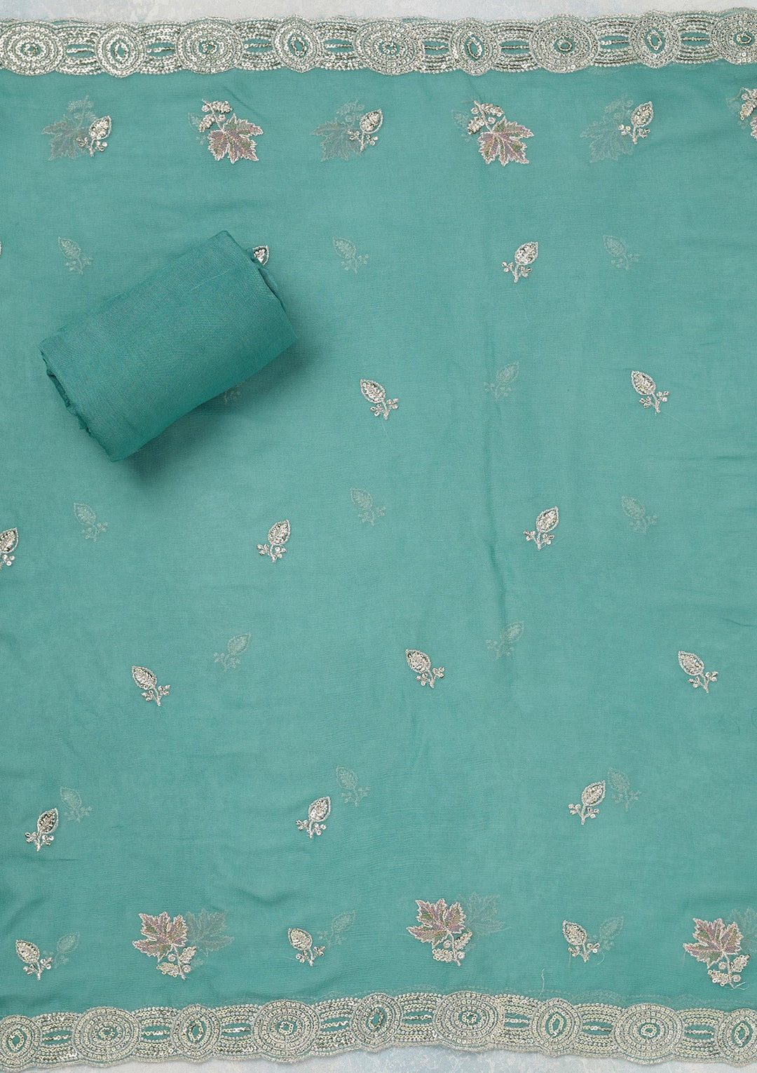 Blue Mirrorwork Organza Unstitched Salwar Suit_koskii