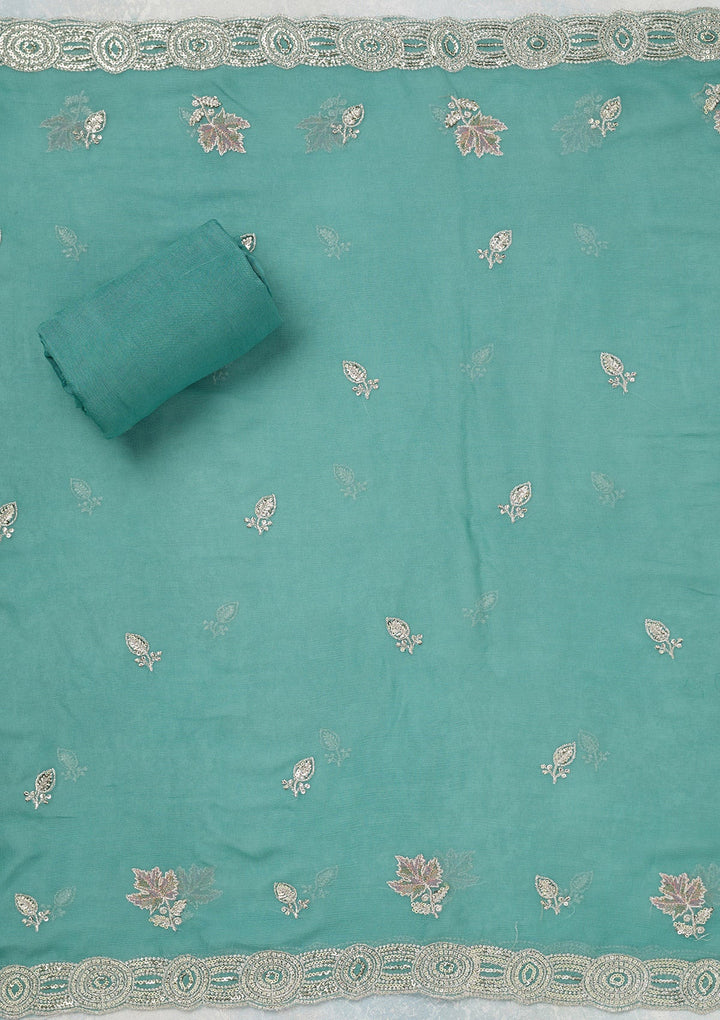 Blue Mirrorwork Organza Unstitched Salwar Suit_koskii