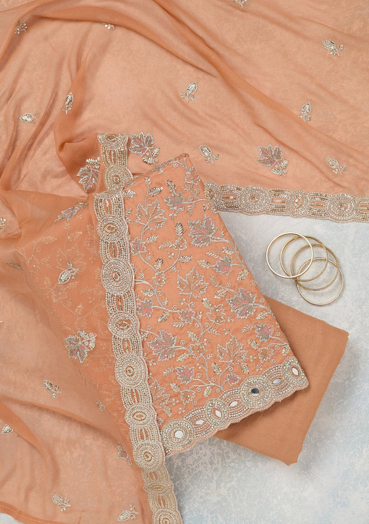 Light Brown Mirrorwork Organza Unstitched Salwar Suit_koskii