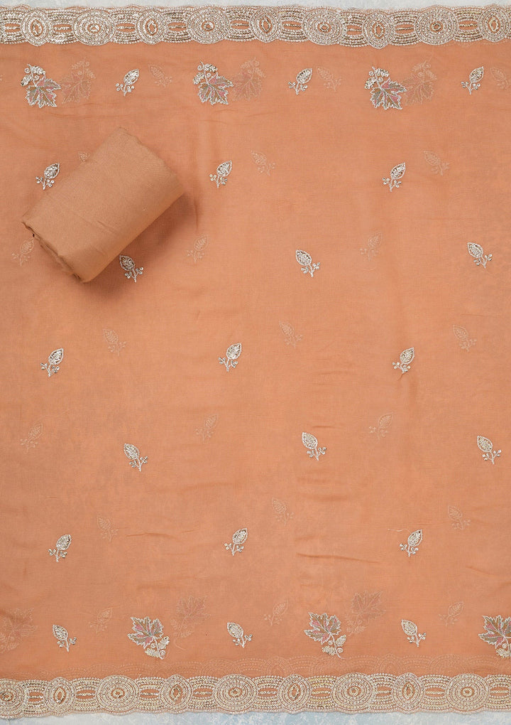 Light Brown Mirrorwork Organza Unstitched Salwar Suit_koskii