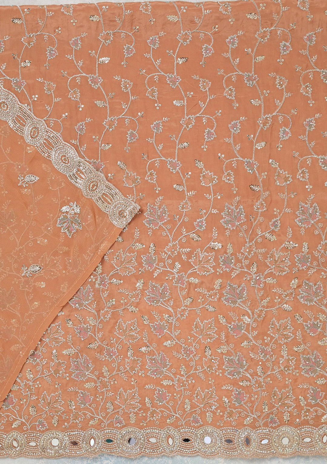 Light Brown Mirrorwork Organza Unstitched Salwar Suit_koskii