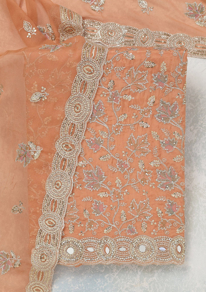 Light Brown Mirrorwork Organza Unstitched Salwar Suit_koskii