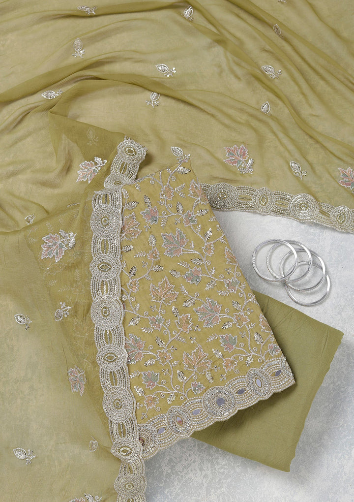 Mehendi Mirrorwork Organza Unstitched Salwar Suit_koskii