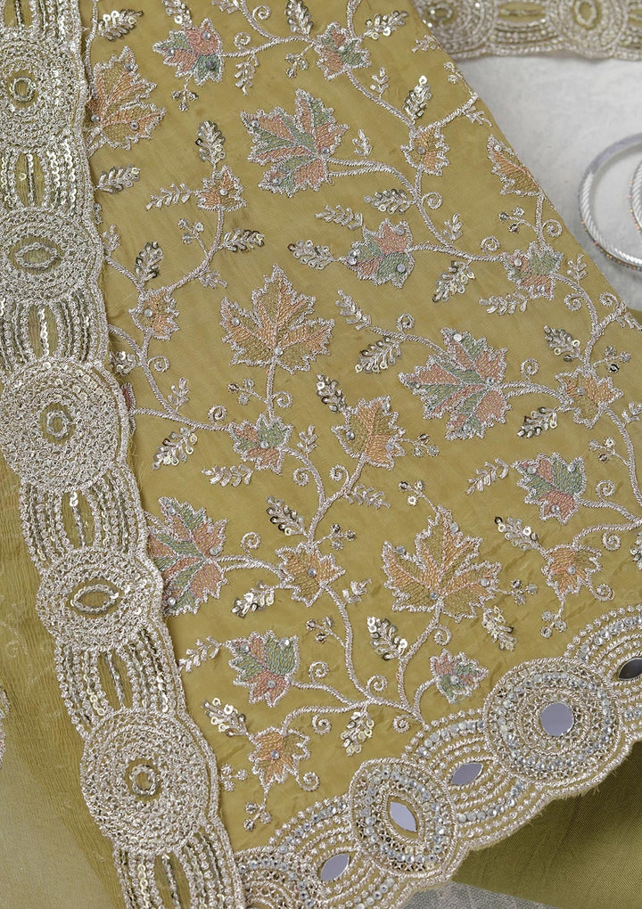 Mehendi Mirrorwork Organza Unstitched Salwar Suit_koskii