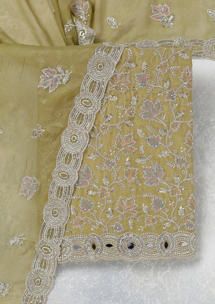 Mehendi Mirrorwork Organza Unstitched Salwar Suit_koskii