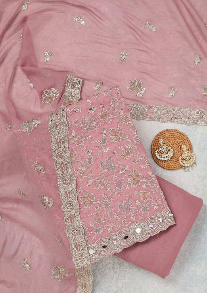 Onion Pink Mirrorwork Organza Unstitched Salwar Suit_koskii