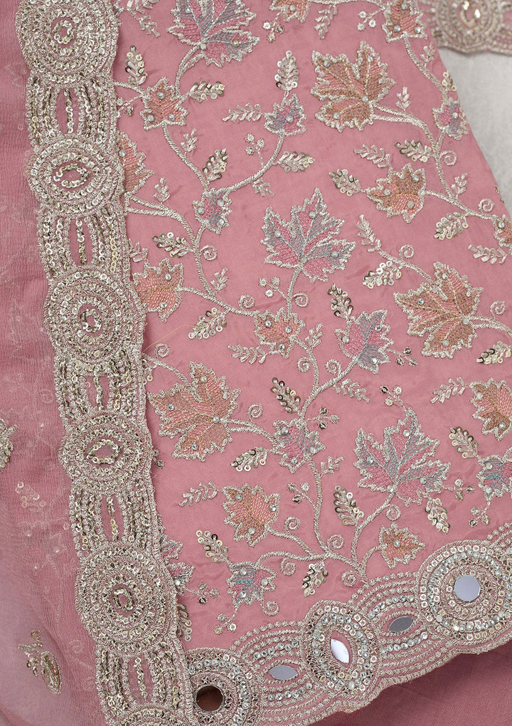 Onion Pink Mirrorwork Organza Unstitched Salwar Suit_koskii