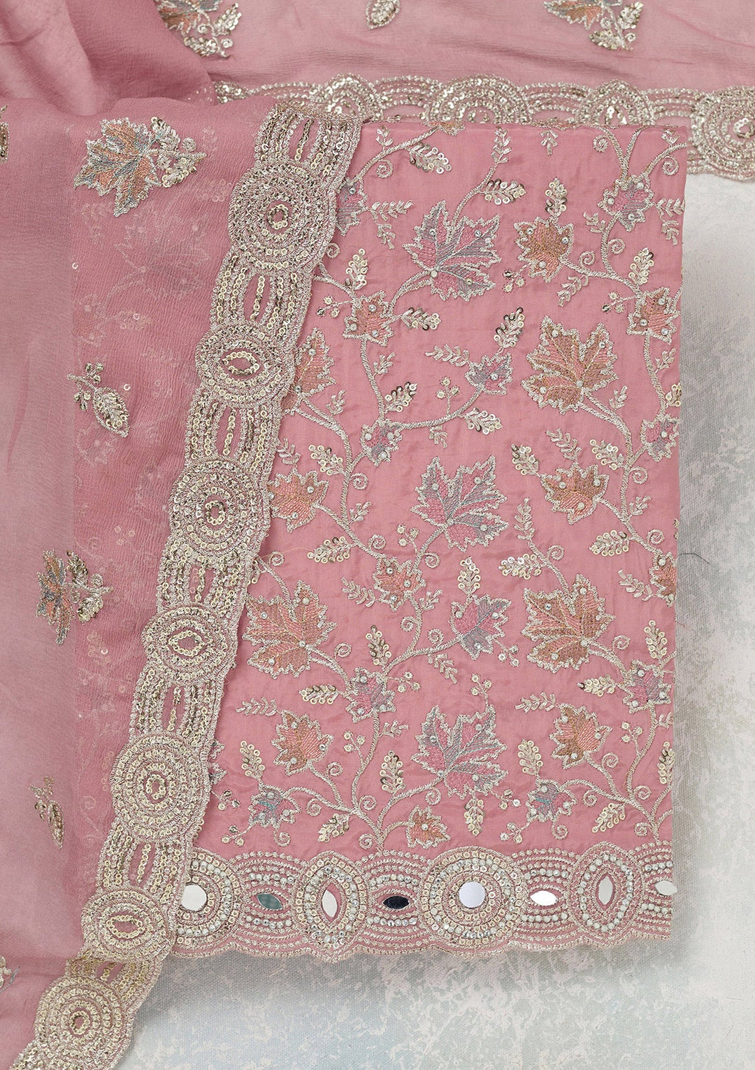 Onion Pink Mirrorwork Organza Unstitched Salwar Suit_koskii