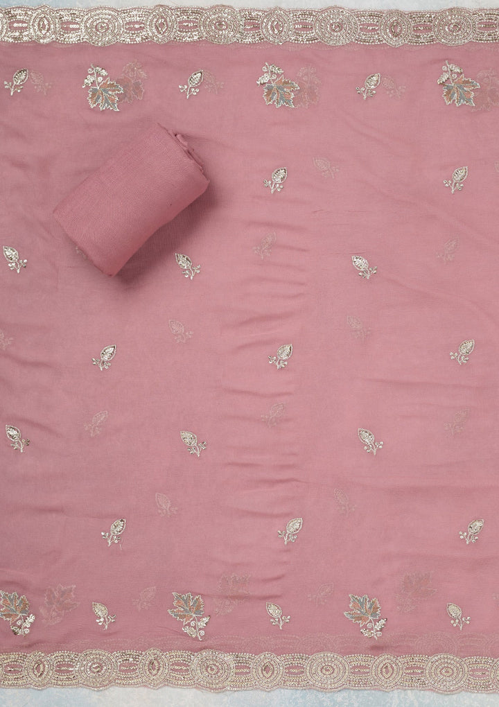 Onion Pink Mirrorwork Organza Unstitched Salwar Suit_koskii