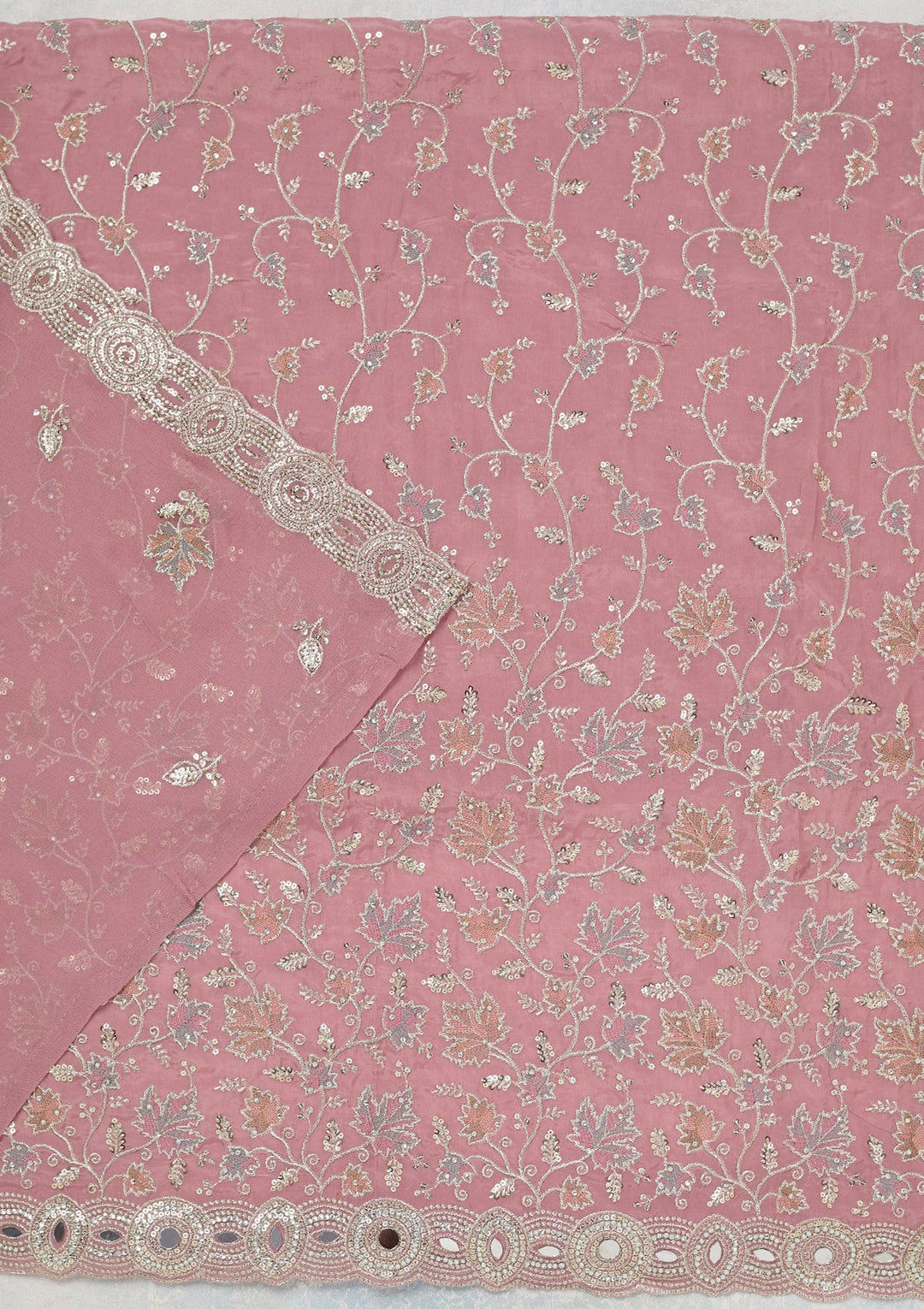 Onion Pink Mirrorwork Organza Unstitched Salwar Suit_koskii