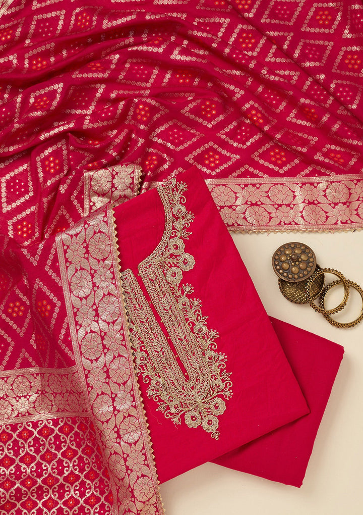 Rani Pink Zariwork (Gold) Chanderi Unstitched Salwar Suit_koskii