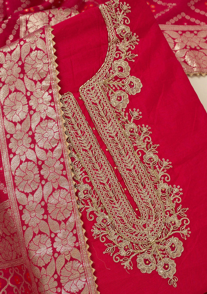 Rani Pink Zariwork (Gold) Chanderi Unstitched Salwar Suit_koskii