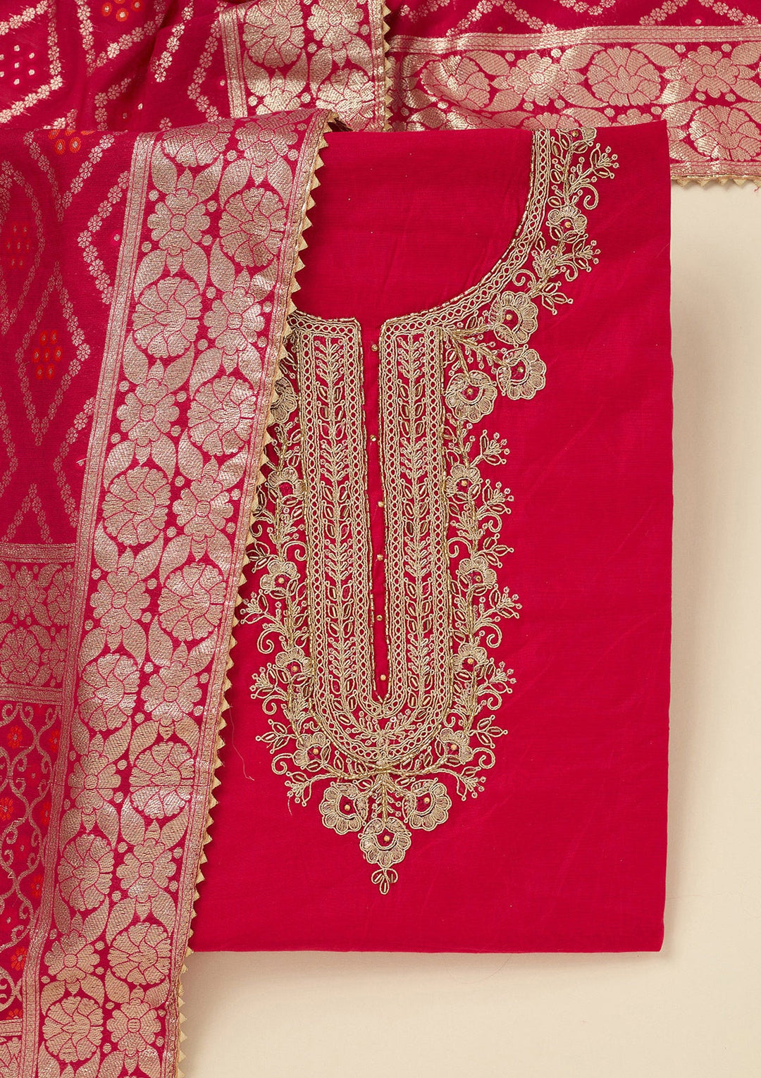 Rani Pink Zariwork (Gold) Chanderi Unstitched Salwar Suit_koskii