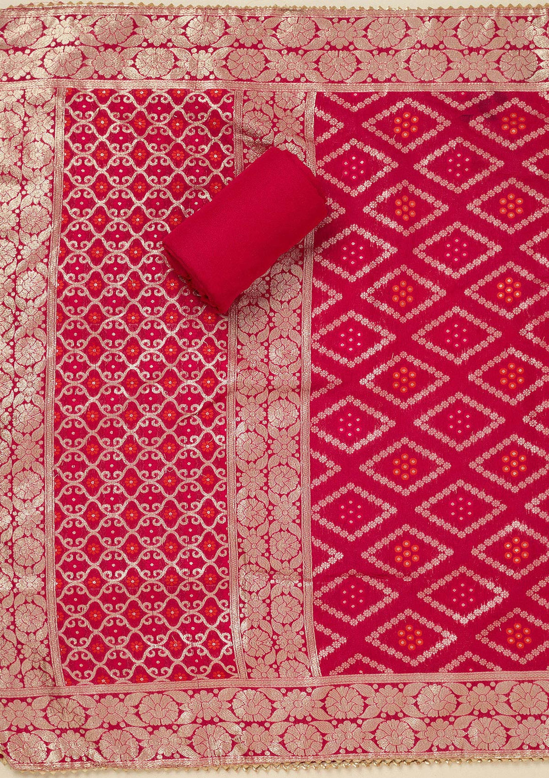 Rani Pink Zariwork (Gold) Chanderi Unstitched Salwar Suit_koskii