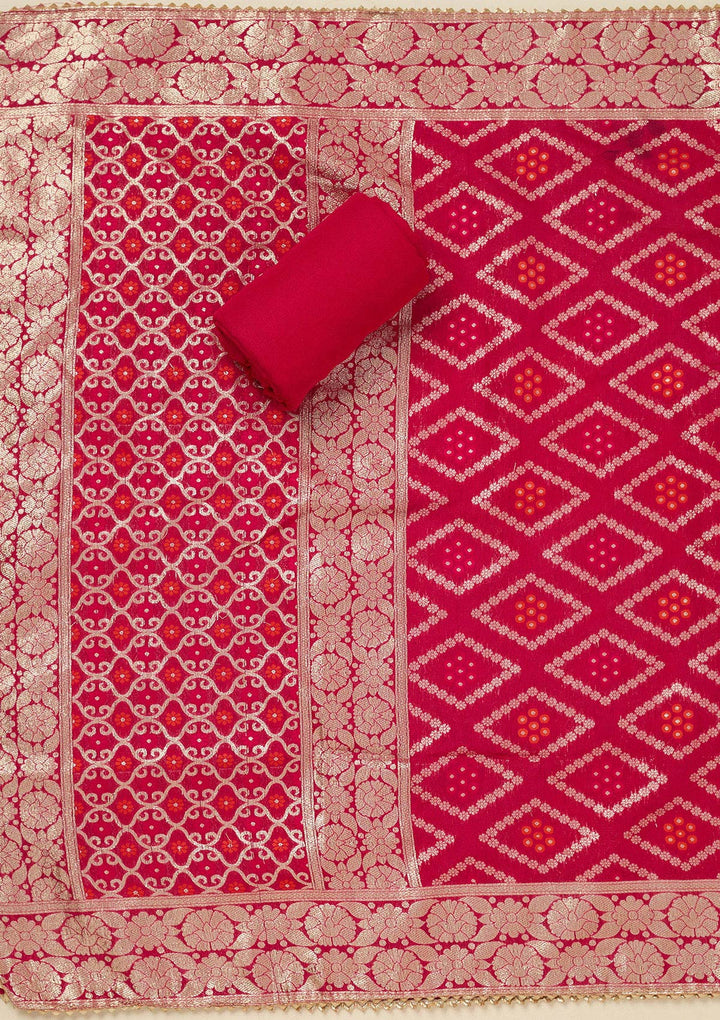 Rani Pink Zariwork (Gold) Chanderi Unstitched Salwar Suit_koskii