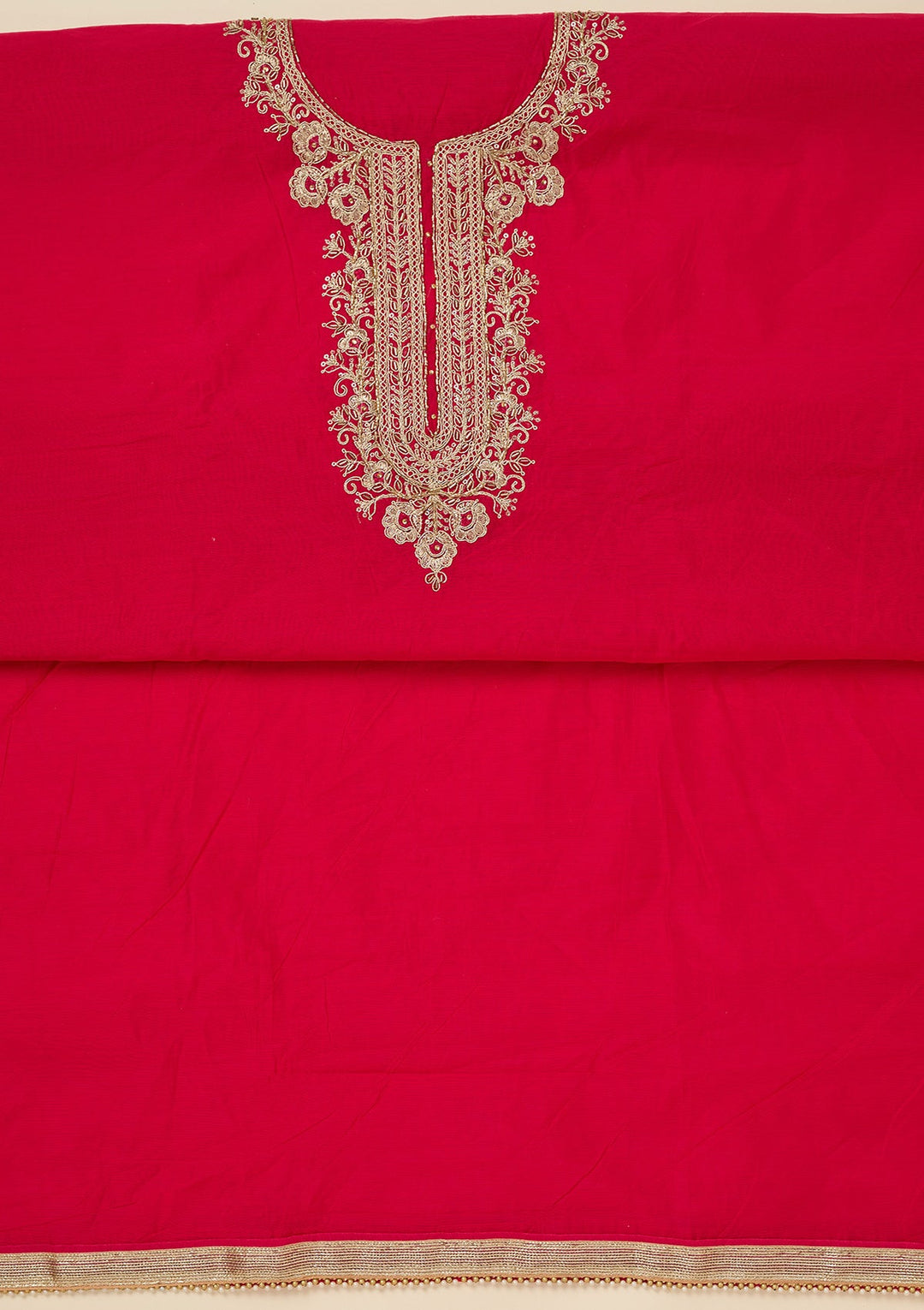 Rani Pink Zariwork (Gold) Chanderi Unstitched Salwar Suit_koskii