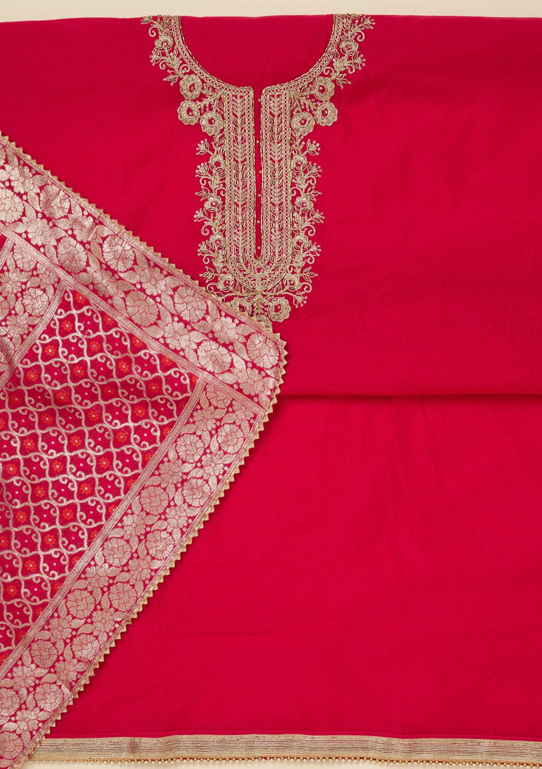 Rani Pink Zariwork (Gold) Chanderi Unstitched Salwar Suit_koskii