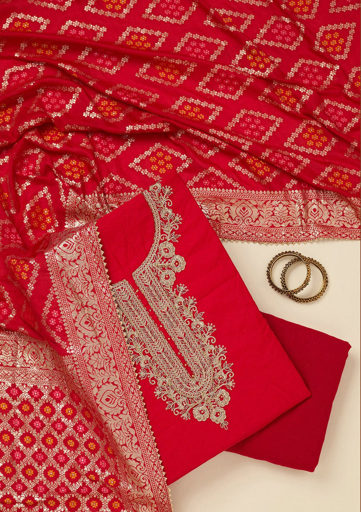 Red Zariwork (Gold) Chanderi Unstitched Salwar Suit_koskii