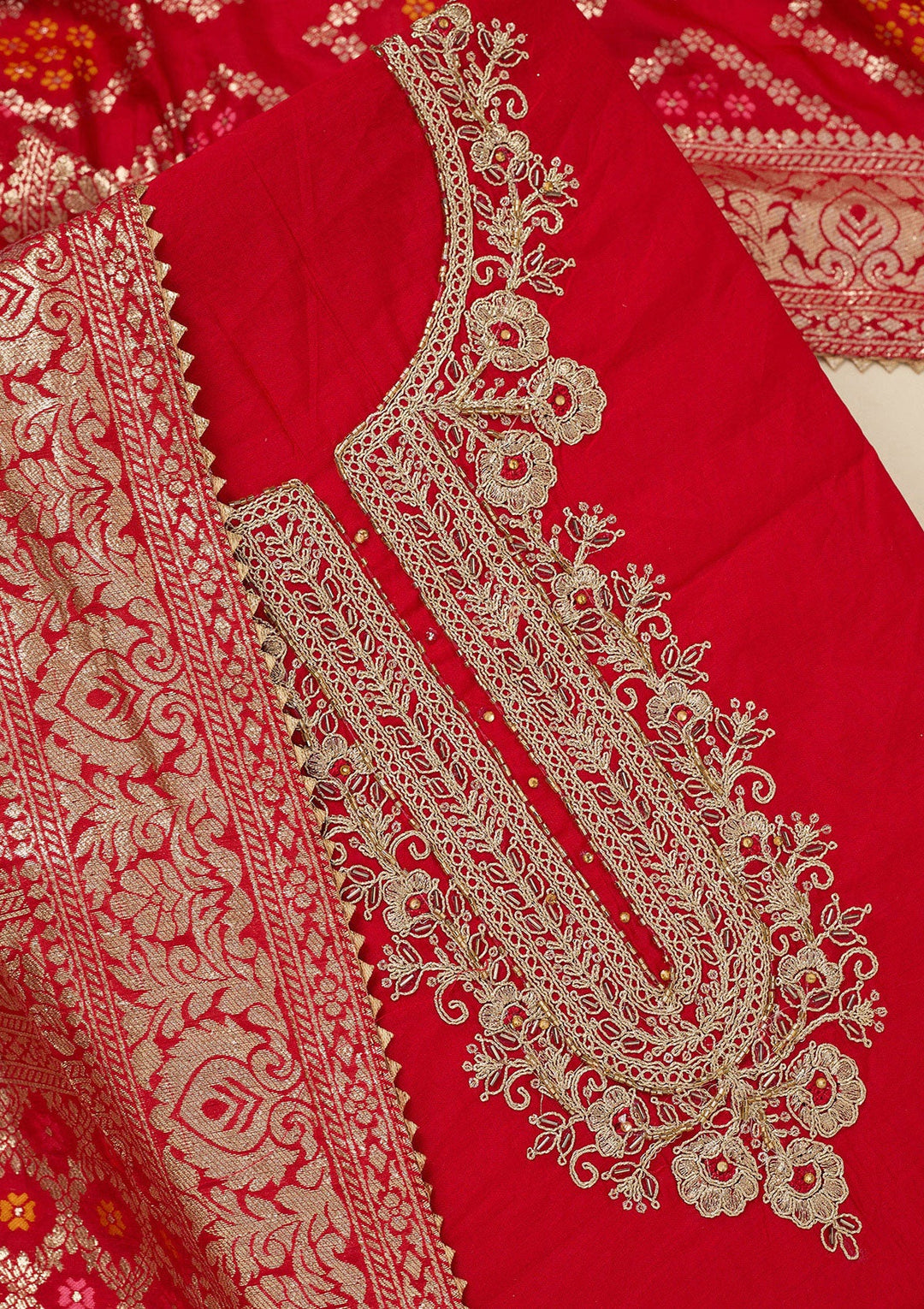 Red Zariwork (Gold) Chanderi Unstitched Salwar Suit_koskii