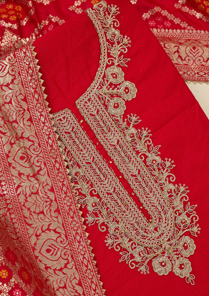 Red Zariwork (Gold) Chanderi Unstitched Salwar Suit_koskii