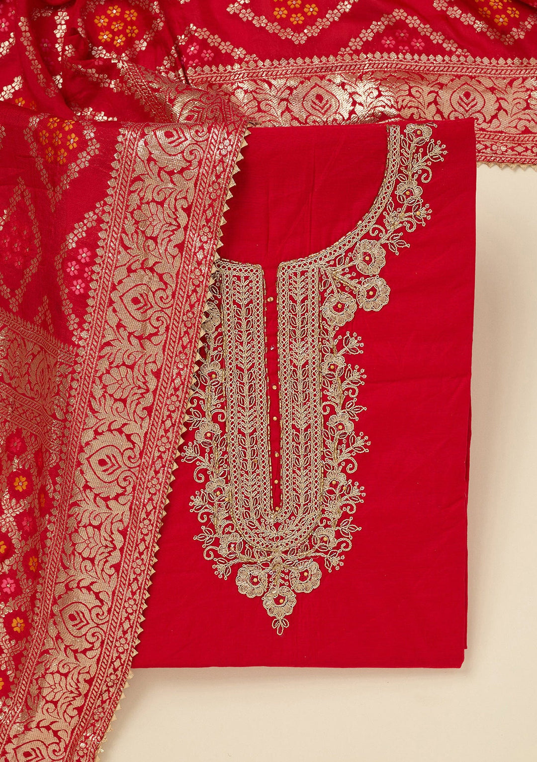 Red Zariwork (Gold) Chanderi Unstitched Salwar Suit_koskii