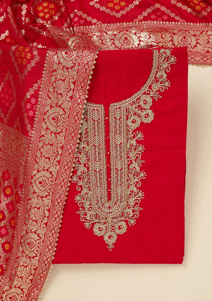 Red Zariwork (Gold) Chanderi Unstitched Salwar Suit_koskii