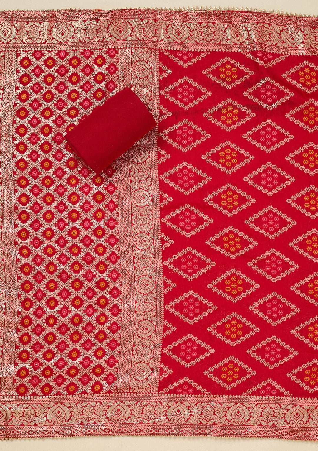 Red Zariwork (Gold) Chanderi Unstitched Salwar Suit_koskii