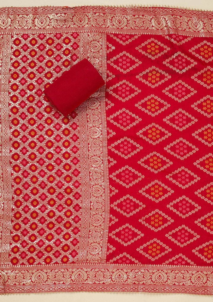 Red Zariwork (Gold) Chanderi Unstitched Salwar Suit_koskii