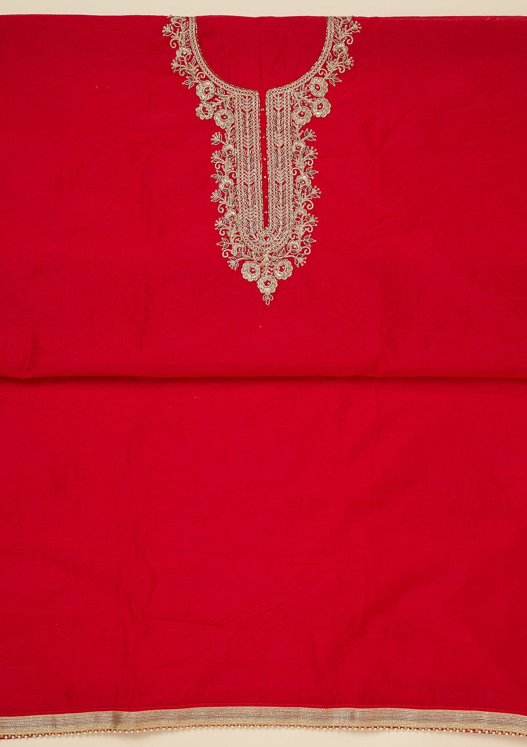 Red Zariwork (Gold) Chanderi Unstitched Salwar Suit_koskii