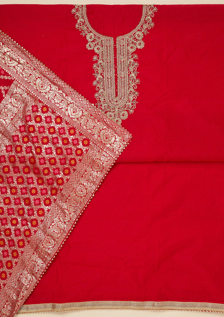 Red Zariwork (Gold) Chanderi Unstitched Salwar Suit_koskii