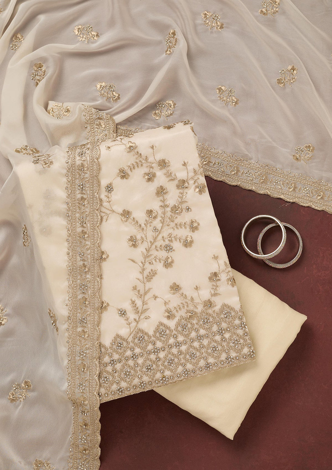 Off White Zardozi (Silver) Semi Crepe Unstitched Salwar Suit_koskii