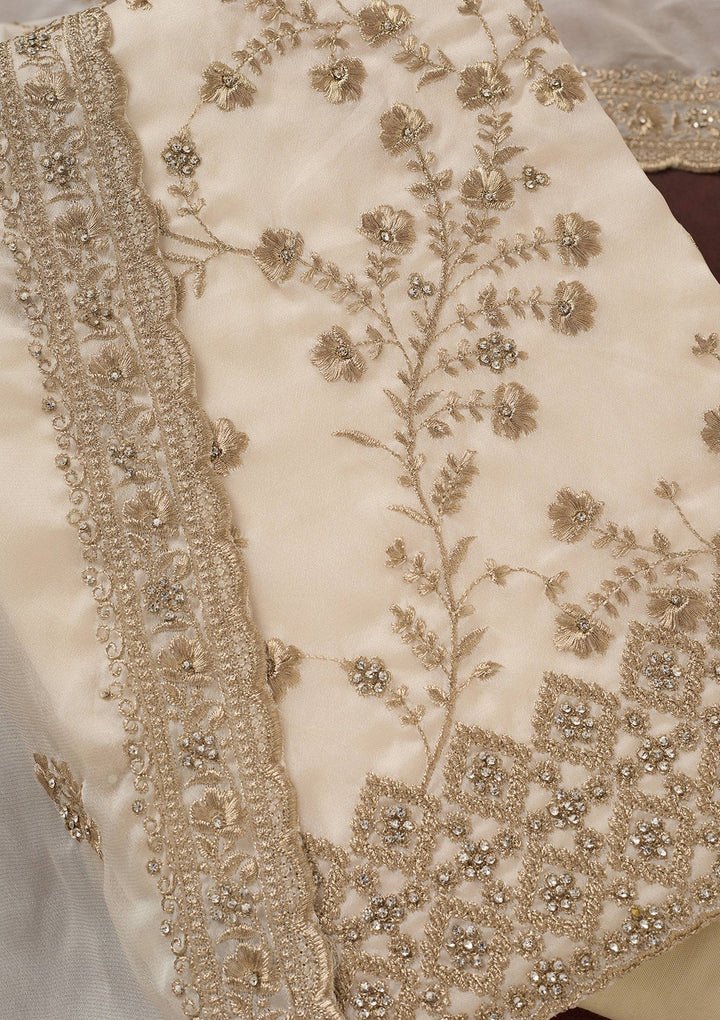 Off White Zardozi (Silver) Semi Crepe Unstitched Salwar Suit_koskii