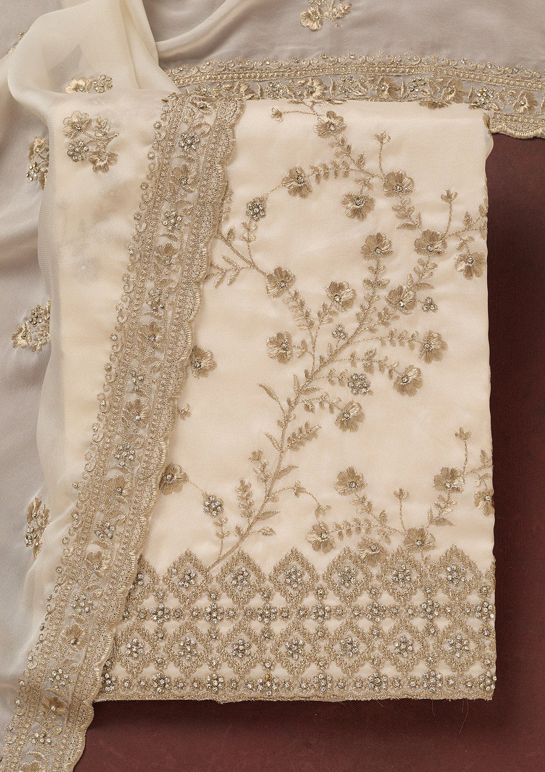 Off White Zardozi (Silver) Semi Crepe Unstitched Salwar Suit_koskii