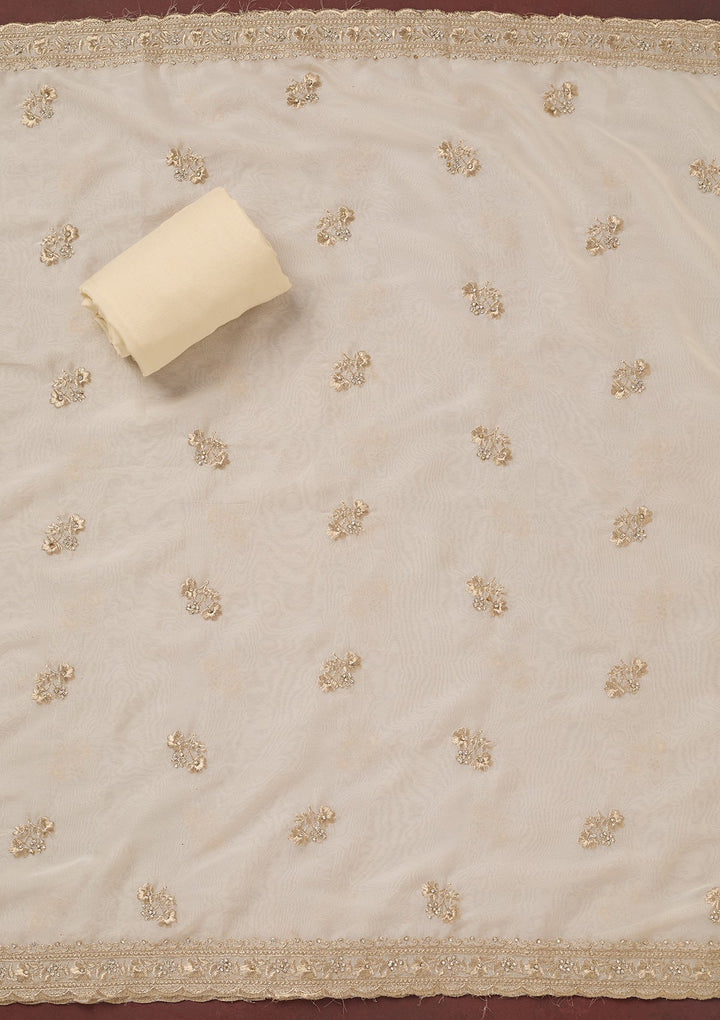 Off White Zardozi (Silver) Semi Crepe Unstitched Salwar Suit_koskii