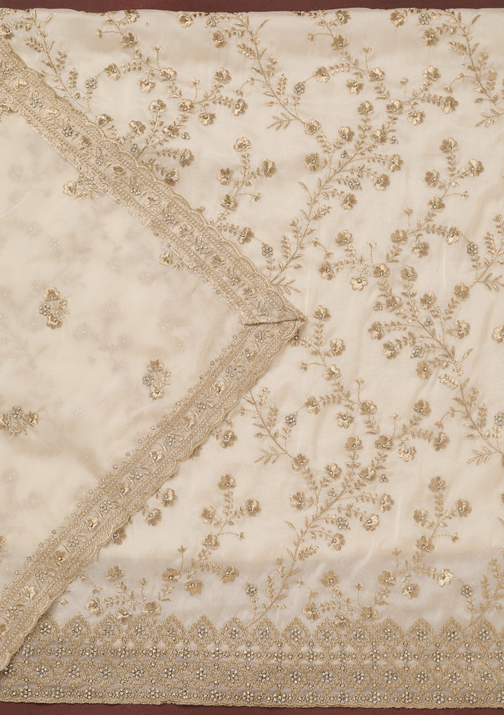 Off White Zardozi (Silver) Semi Crepe Unstitched Salwar Suit_koskii