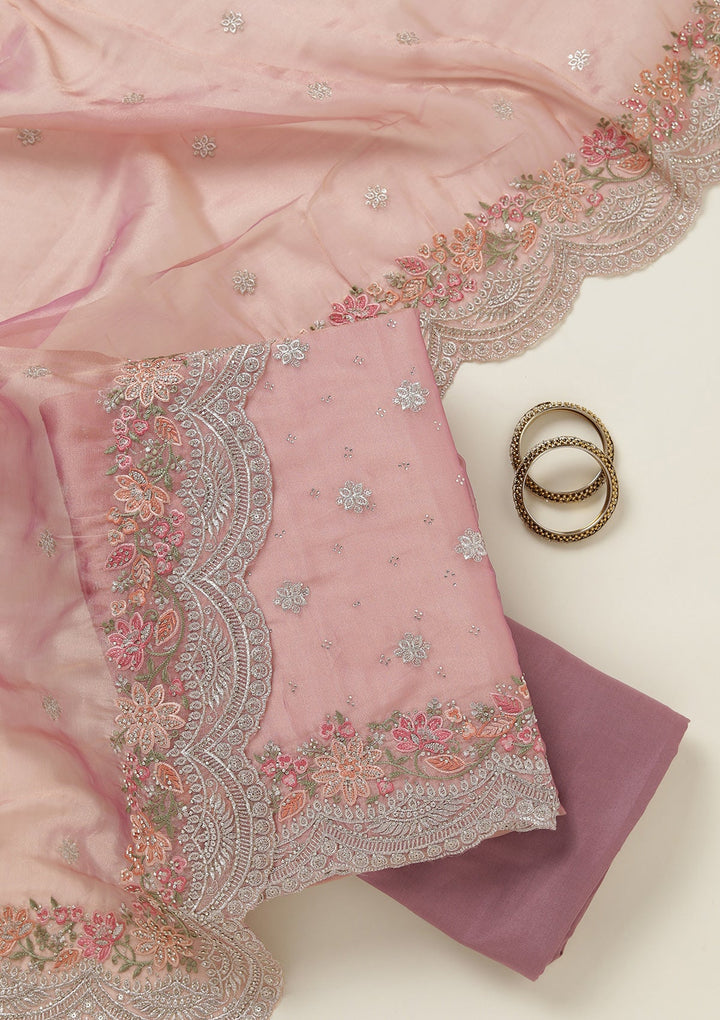 Onion Pink Threadwork Tissue Unstitched Salwar Suit-koskii