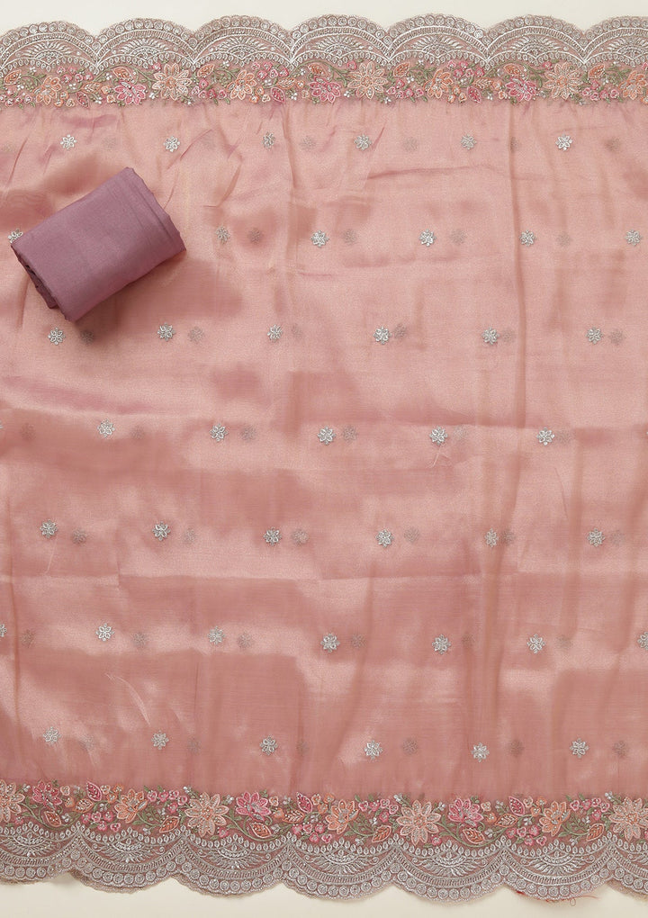 Onion Pink Threadwork Tissue Unstitched Salwar Suit-koskii