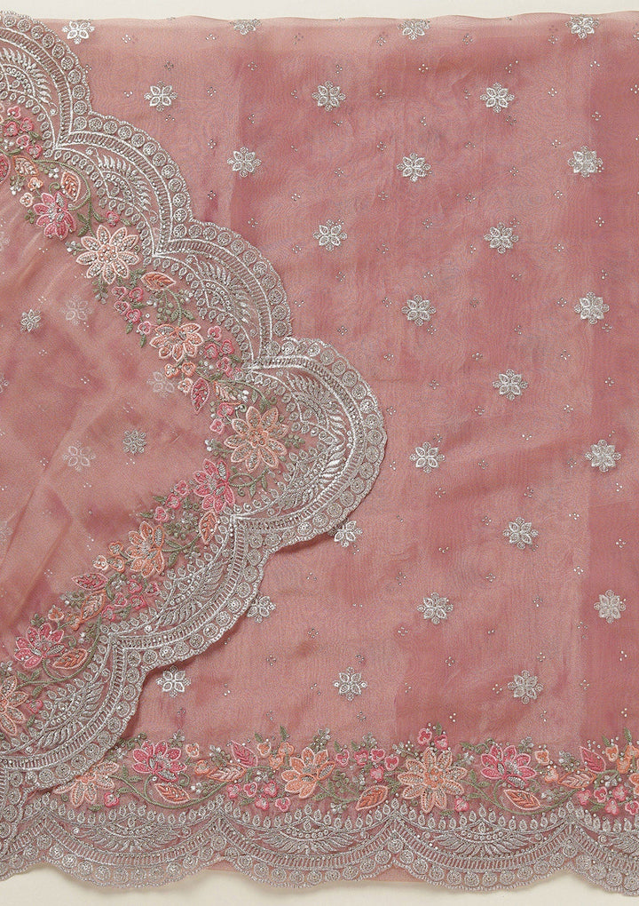 Onion Pink Threadwork Tissue Unstitched Salwar Suit-koskii