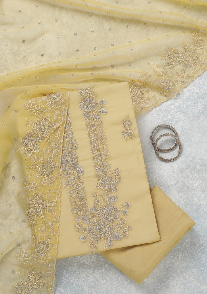 Yellow Threadwork Tissue Unstitched Salwar Suit-koskii